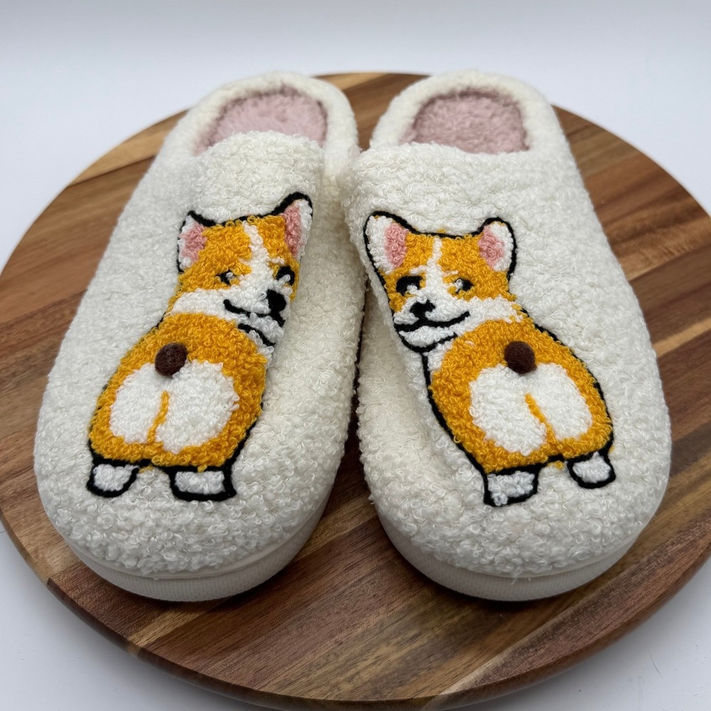 Corgi Size 10-11 Dog Sherpa Fleece Plush Slippers Cream Pink 2426
